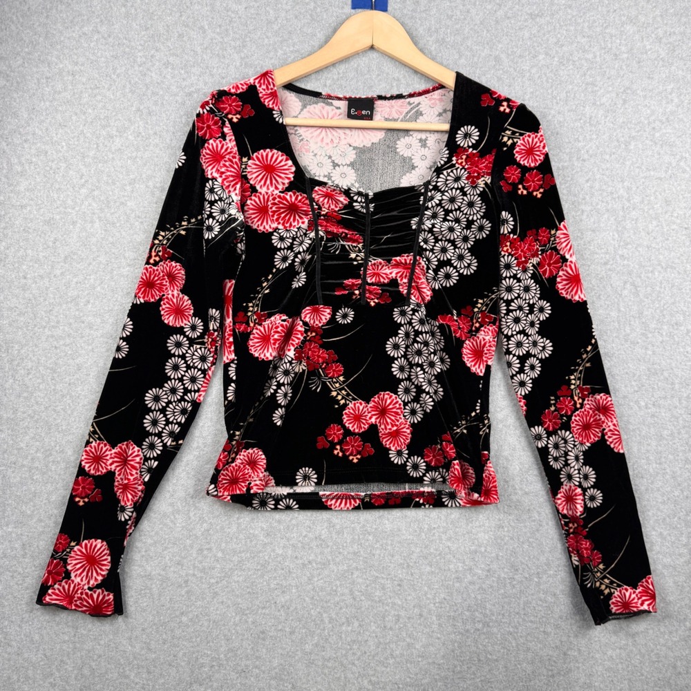 E gen Top Womens Medium Black Red Ruched Y2K Floral Velvet Whimsigoth Dark Fairy